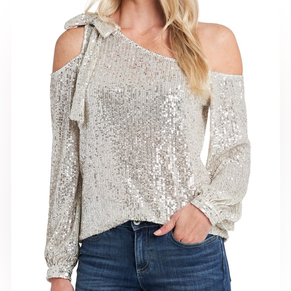 CeCe Tops - CeCe Women's Long Cold Shoulder Asymmetrical Neck Sequin Top Champagne